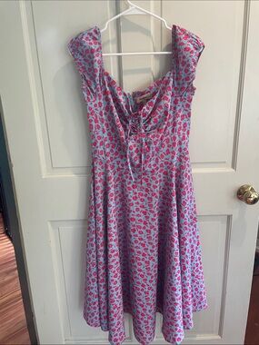 Timeless London Sleeveless Blue Floral Fit-and-Flare Dress with Pink Print